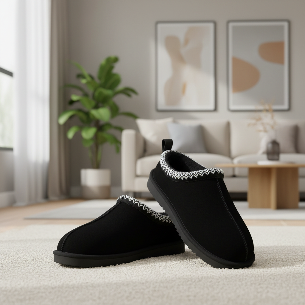 Black slippers with modern background