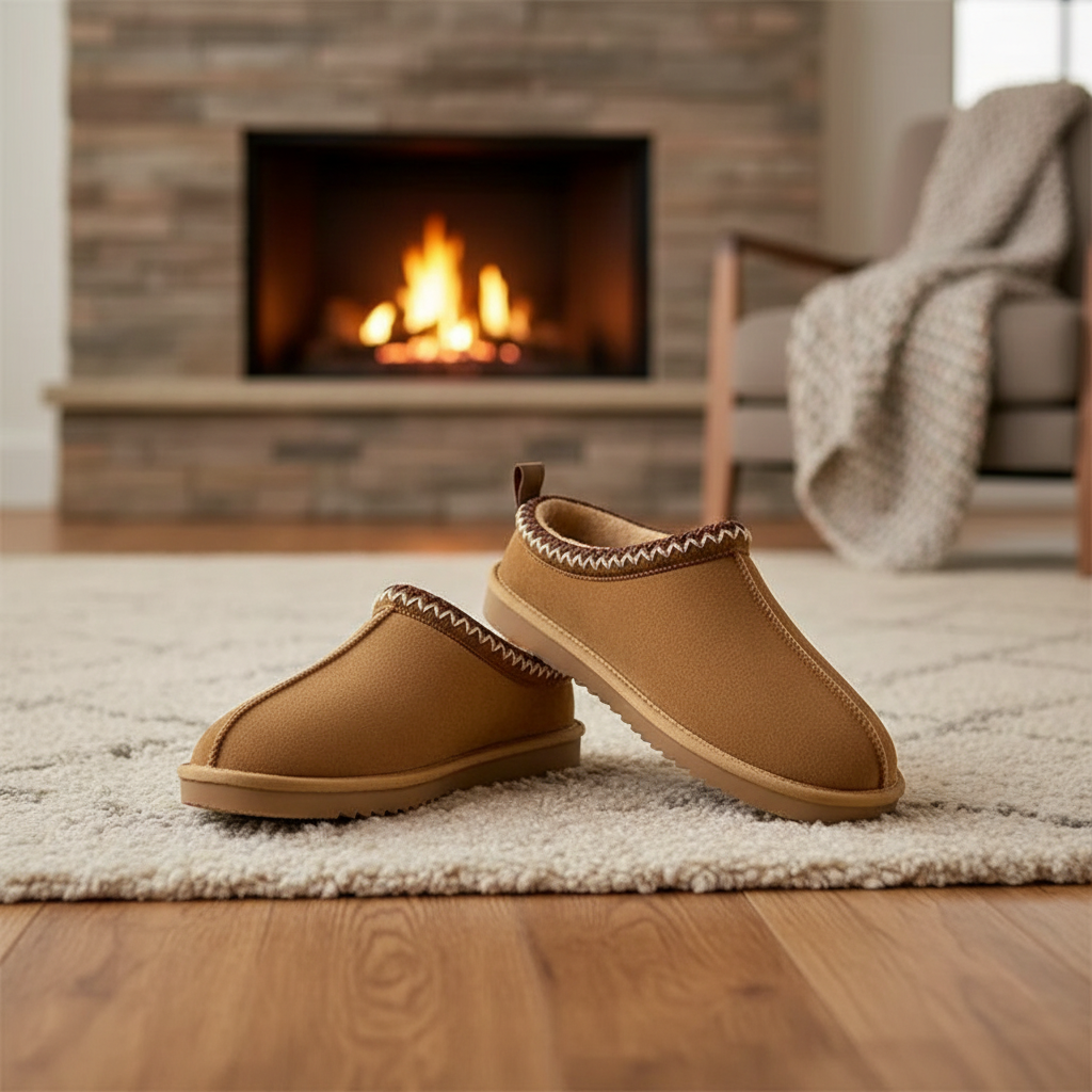 Tan slippers with cozy background
